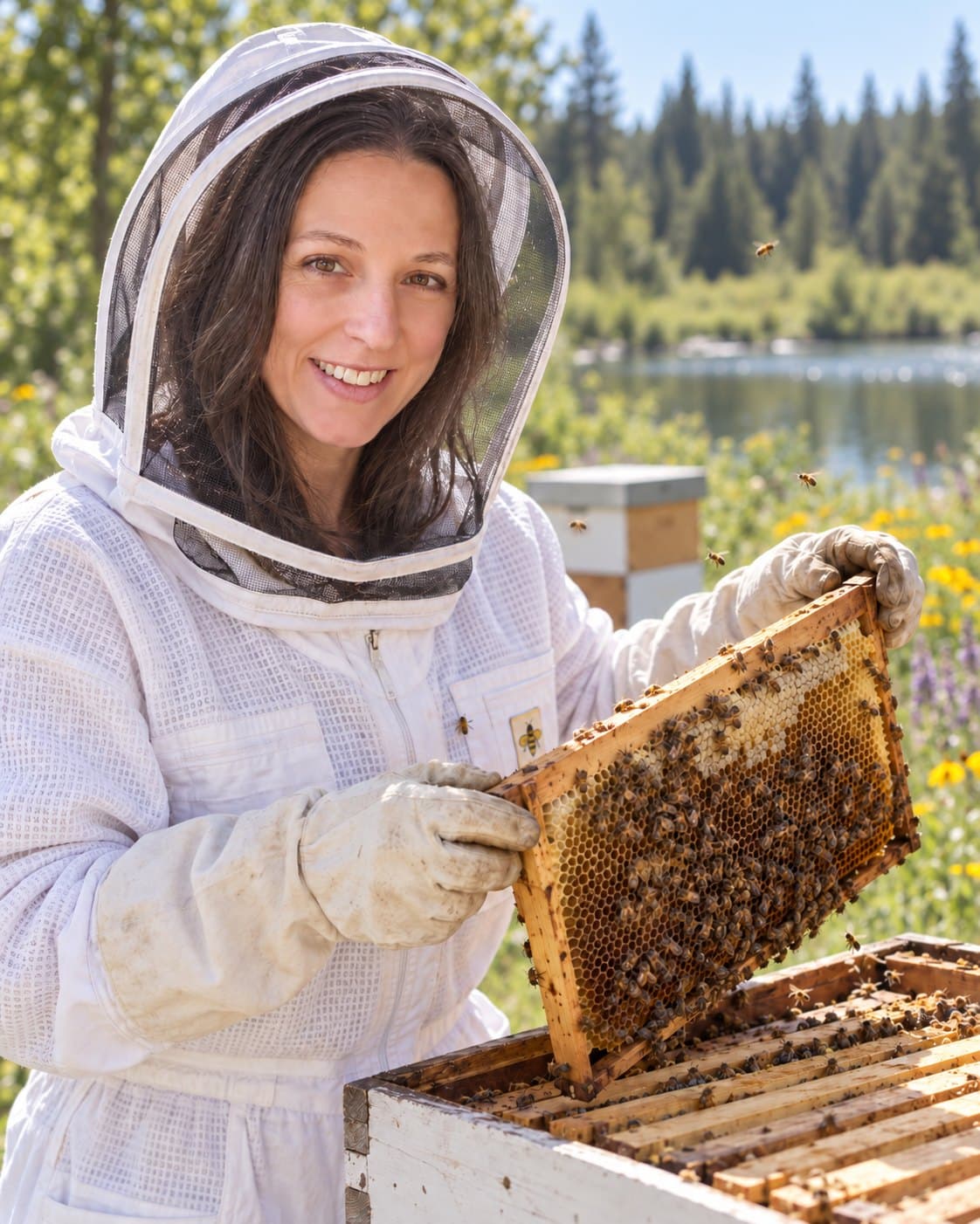 A beekeeper in a veil holding a frame of bees over an open hive, with wildflowers and a lake behind her.