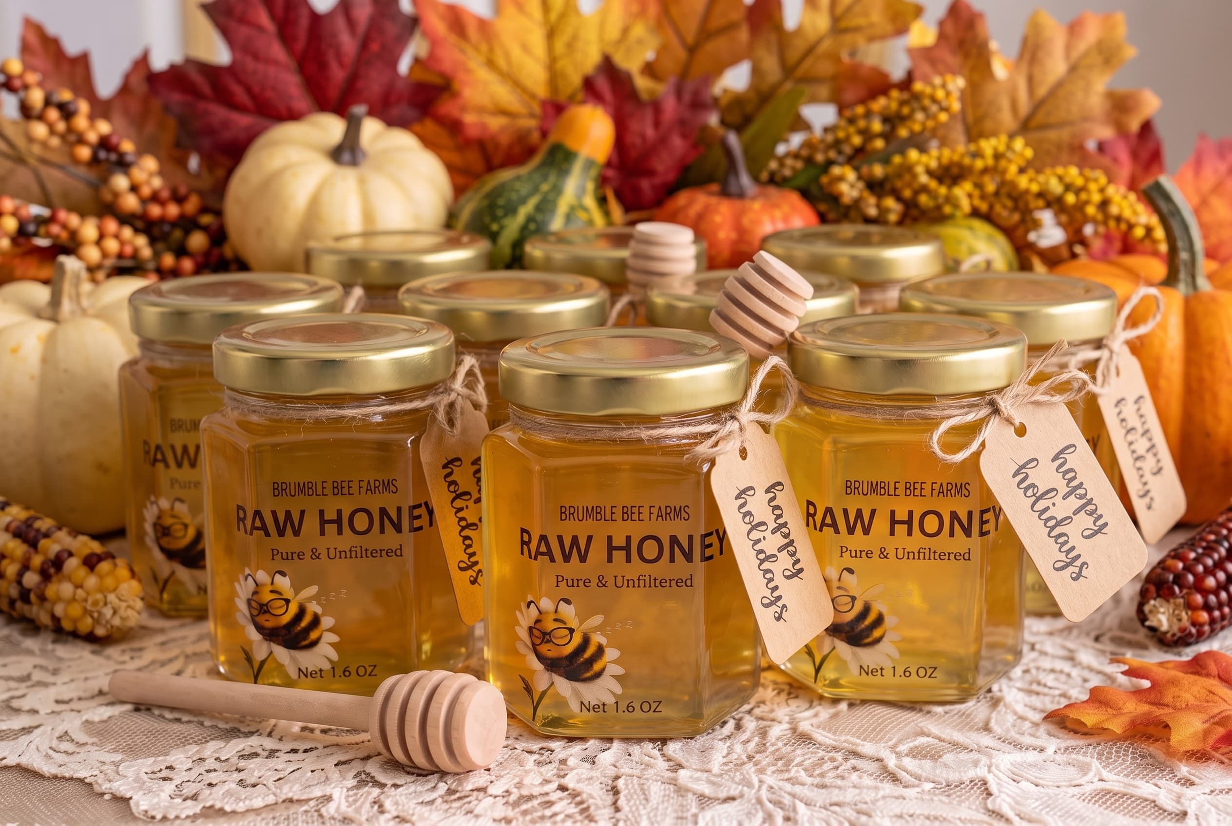Small Brumble Bee Farms raw honey jars arranged for holiday gifting with autumn leaves, pumpkins, and wooden gift tags.