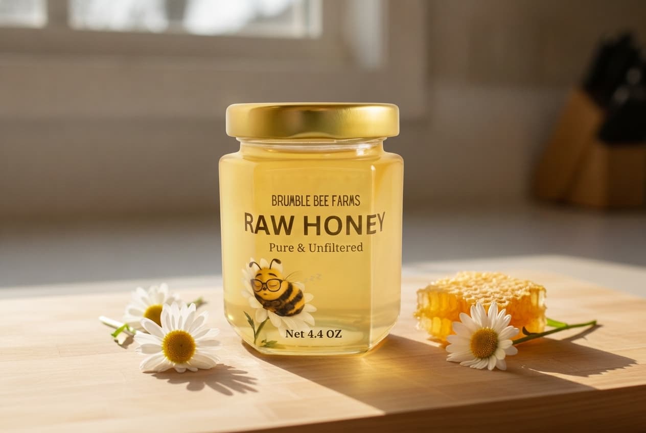 A 4.4-ounce jar of Brumble Bee Farms raw honey on a wooden board with daisies and a piece of honeycomb.