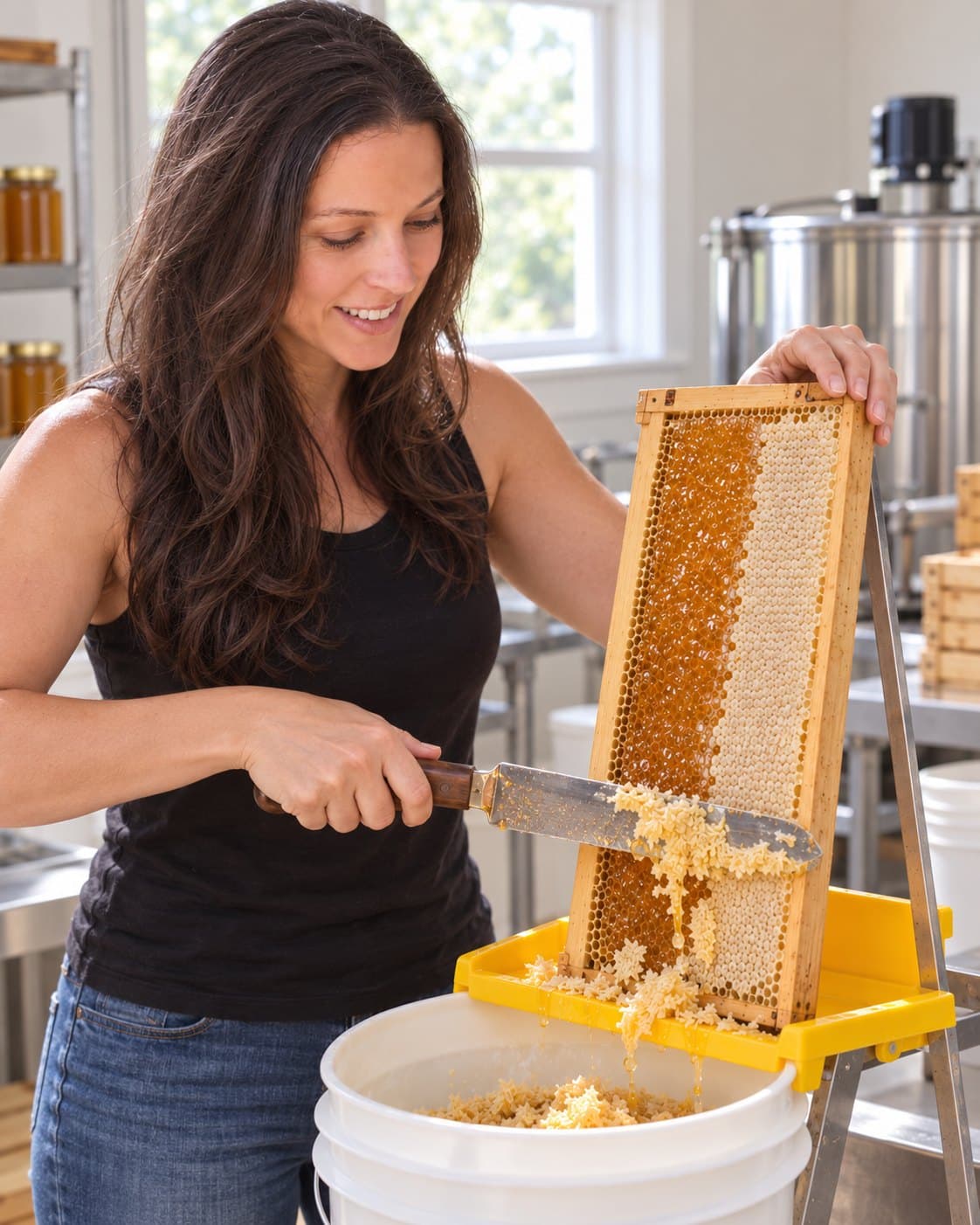 Uncapping a frame of honeycomb over a bucket, honey and wax falling from the knife.